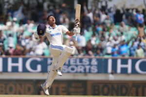 Yashasvi Jaiswal of India takes a leap to celebrates his double century.Photo by Faheem Hussain / Sportzpics for BCCI